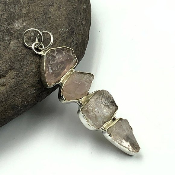 Natural Rough Rose Quartz Gemstones Set in 925 Sterling Silver Pendant, NWT - Picture 11 of 16